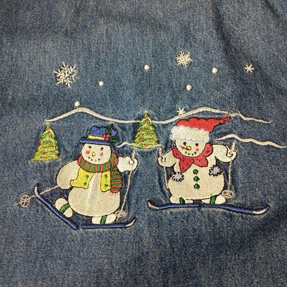 Nutcracker Plus Size Shirt 24W Blue Chambray Holiday Snowman Ski Snow Tree WS19 - Picture 5 of 12